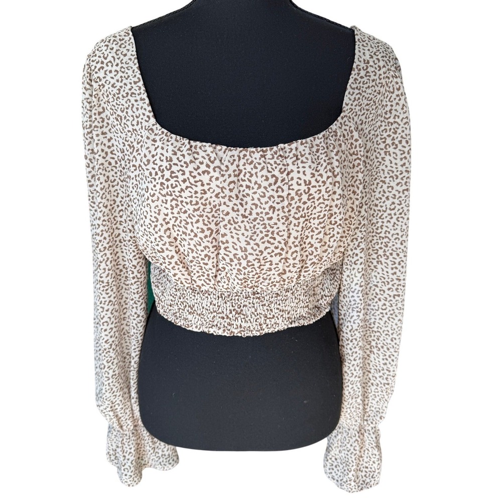 Altard State Leopard Print Square Neck Smocked Crop Top Long Sleeve Womens L